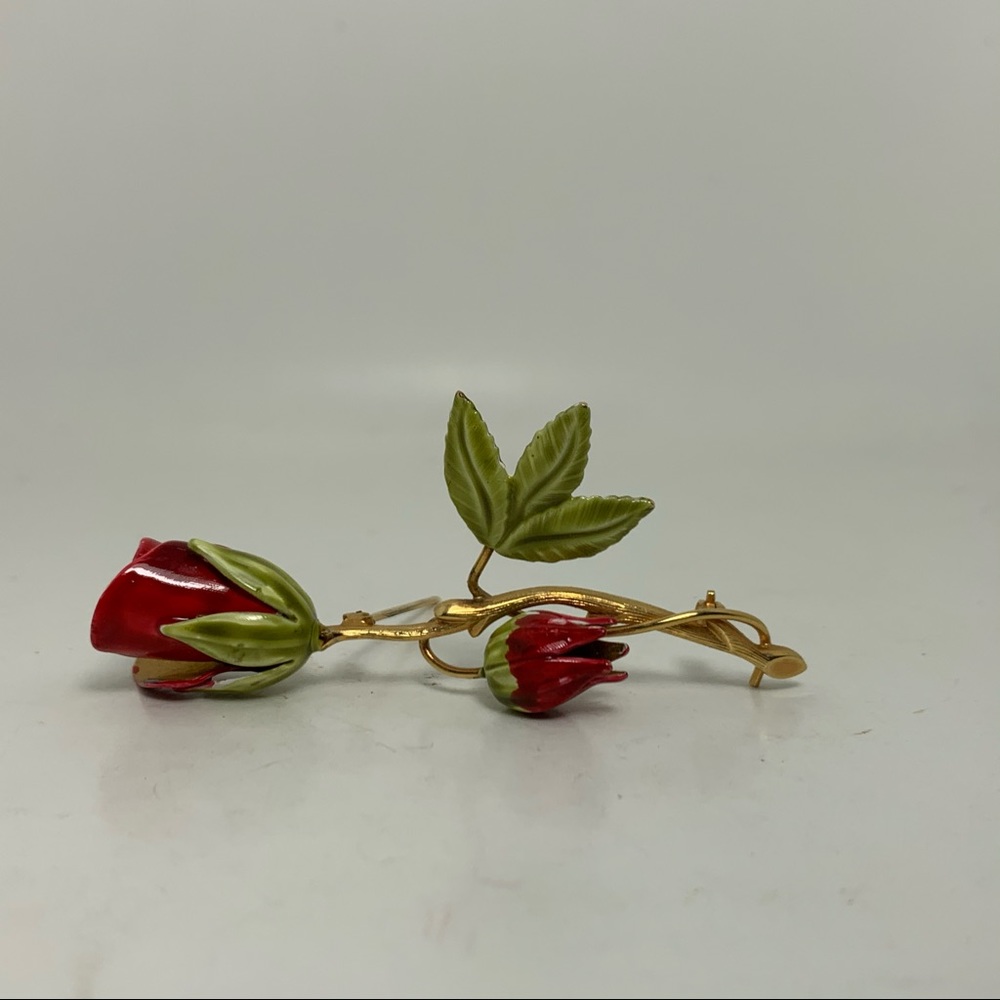 Vintage Enamel Red Rose Brooch Pin